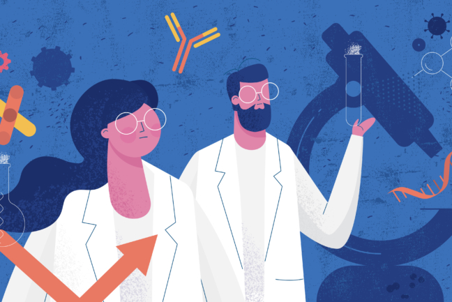 Flat vector abstract illustration with hand drawn textures showing female and male scientists making biochemistry research.