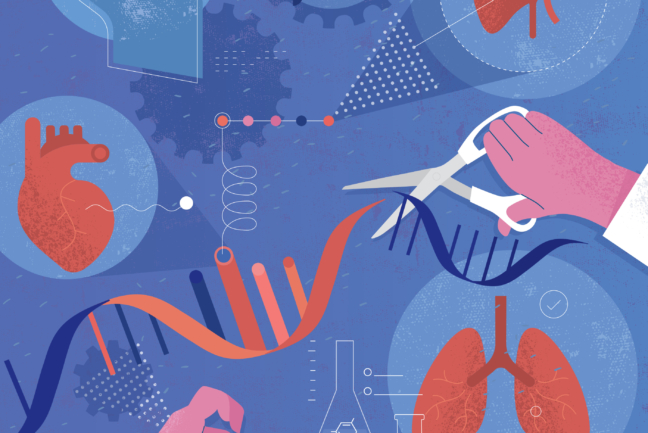 Abstract vector illustration depicting concept of genetic engineering and human internal organs.